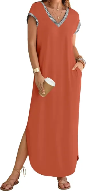 Maxi Dresses for Women Loose Fit Sundress Short Sleeve V Neck Tops Dresses Casual Split Beach Summer Dress 2025