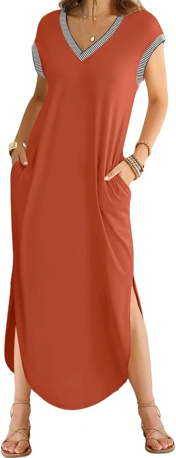 Maxi Dresses for Women Loose Fit Sundress Short Sleeve V Neck Tops Dresses Casual Split Beach Summer Dress 2025
