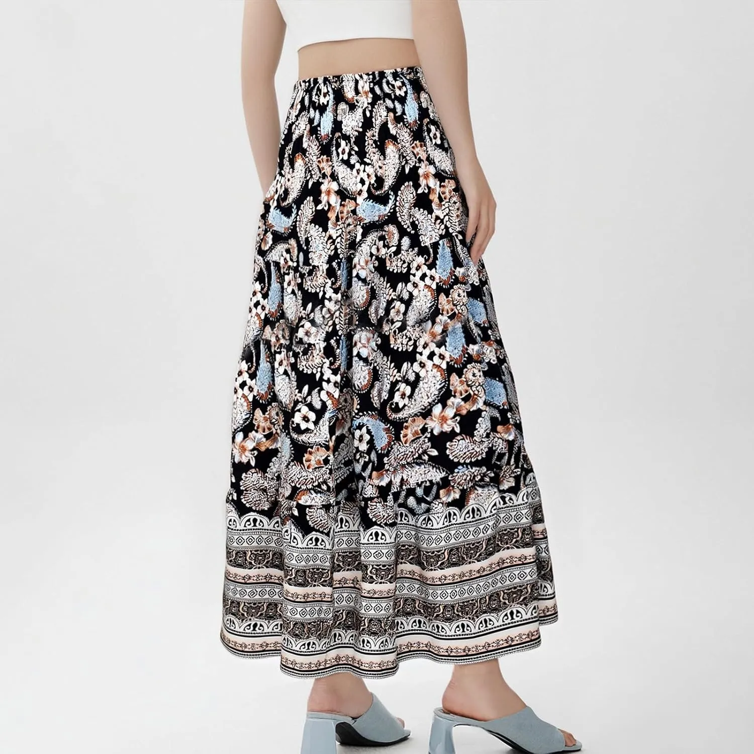 Maxi Skirts for Women 2025 Summer Drawstring High Waisted A-Line Skirts Work Layered Tiered Smocked Skirt Long