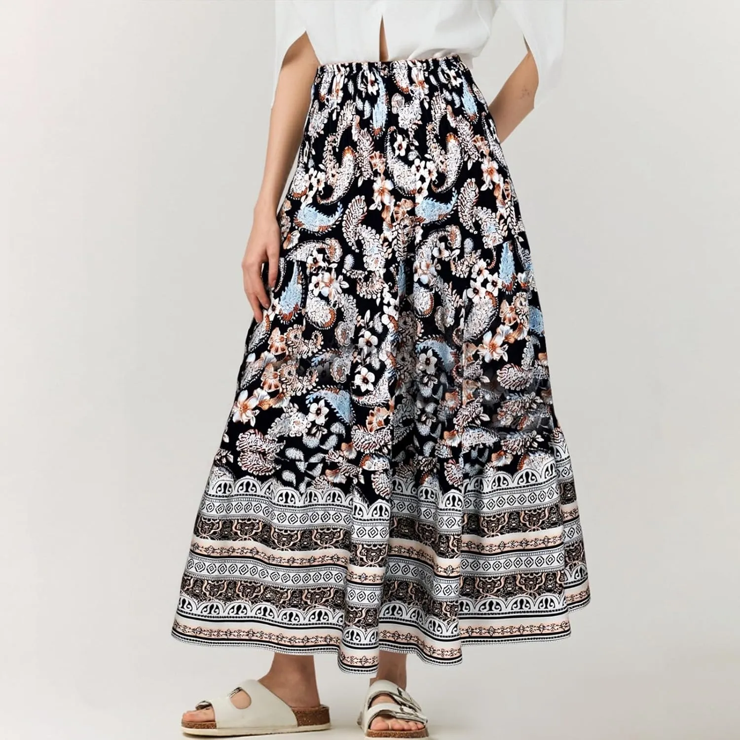 Maxi Skirts for Women 2025 Summer Drawstring High Waisted A-Line Skirts Work Layered Tiered Smocked Skirt Long