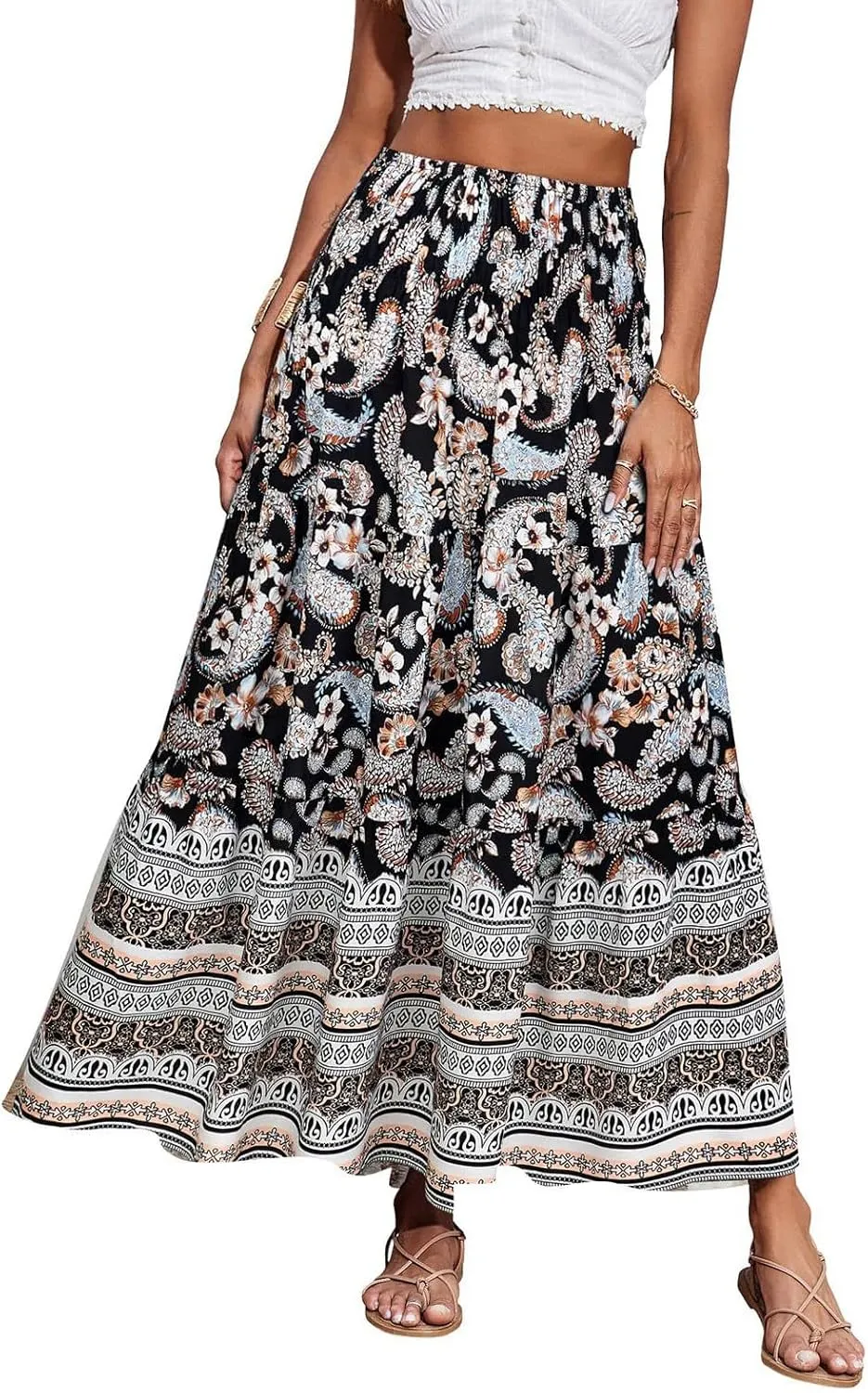 Maxi Skirts for Women 2025 Summer Drawstring High Waisted A-Line Skirts Work Layered Tiered Smocked Skirt Long