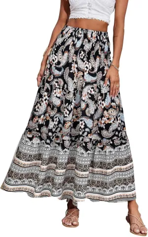 Maxi Skirts for Women 2025 Summer Drawstring High Waisted A-Line Skirts Work Layered Tiered Smocked Skirt Long