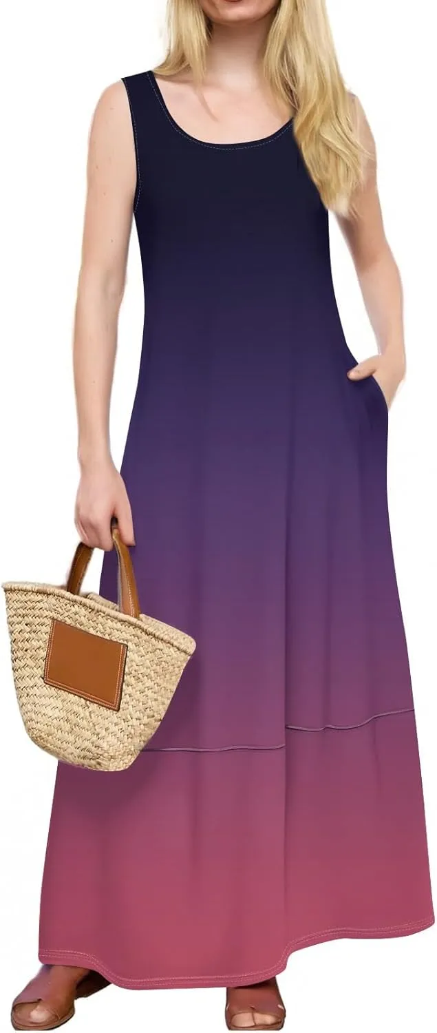 Maxi Sundress for Women 2025 Summer Loose Fit Beach Dress Scoop Neck Sleeveless Tank Dress Casual Vacation Dresses