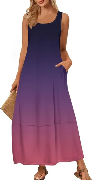 Maxi Sundress for Women 2025 Summer Loose Fit Beach Dress Scoop Neck Sleeveless Tank Dress Casual Vacation Dresses