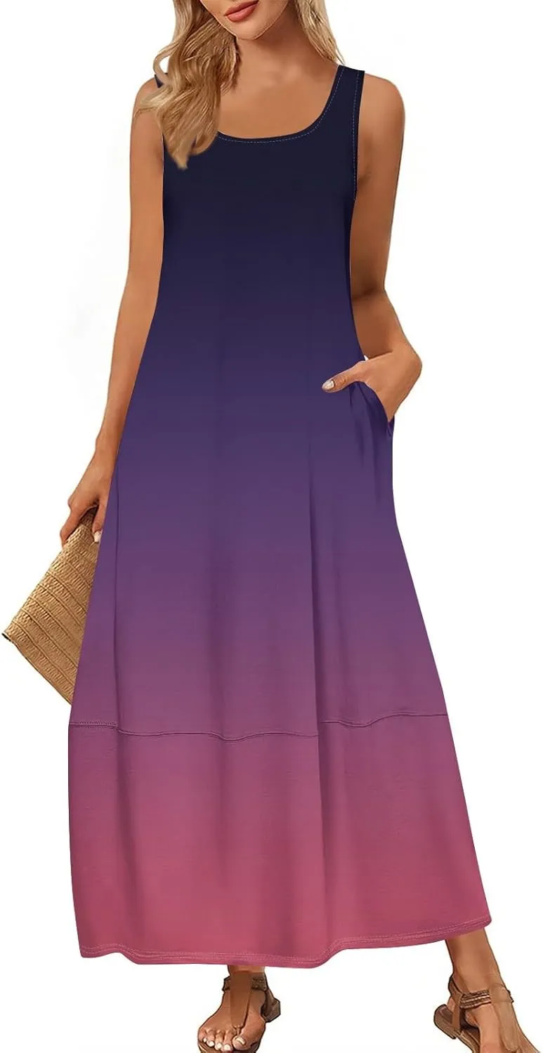 Maxi Sundress for Women 2025 Summer Loose Fit Beach Dress Scoop Neck Sleeveless Tank Dress Casual Vacation Dresses