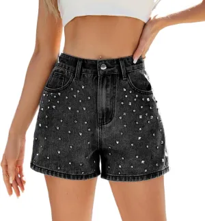 Melliflo Women's Rhinestone Jean Shorts Y2k Summer Casual Denim Shorts Stretchy High Waisted Trendy Denim Short with Pockets