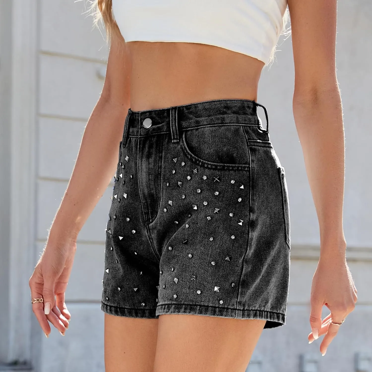 Melliflo Women's Rhinestone Jean Shorts Y2k Summer Casual Denim Shorts Stretchy High Waisted Trendy Denim Short with Pockets