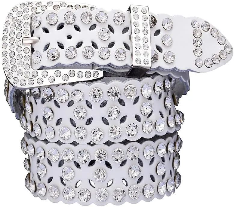 Men Women Rhinestone Belt Western Cowboy Cowgirl Leather Belts with Buckle Cow Skin Waist Strap Belt