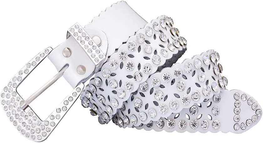 Men Women Rhinestone Belt Western Cowboy Cowgirl Leather Belts with Buckle Cow Skin Waist Strap Belt