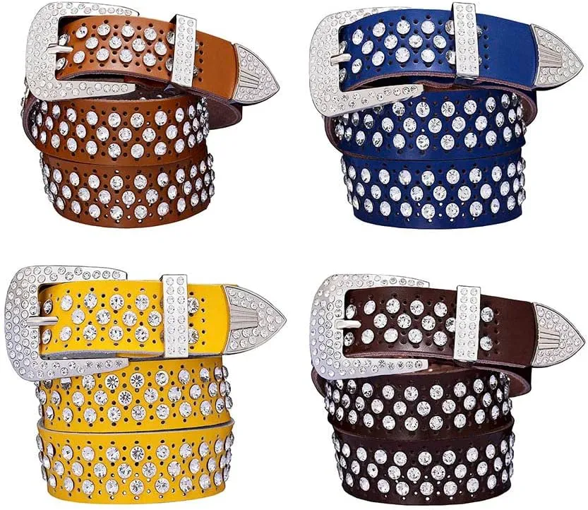 Men Women Rhinestone Belt Western Cowboy Cowgirl Leather Belts with Buckle Cow Skin Waist Strap Belt