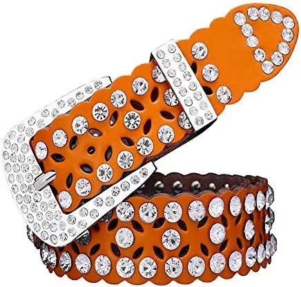 Men Women Rhinestone Belt Western Cowboy Cowgirl Leather Belts with Buckle Cow Skin Waist Strap Belt