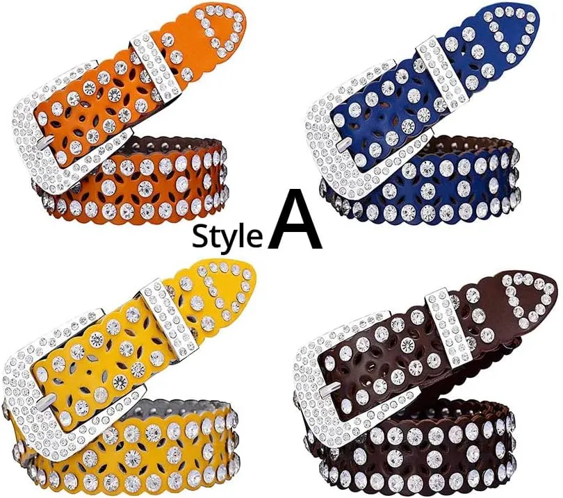 Men Women Rhinestone Belt Western Cowboy Cowgirl Leather Belts with Buckle Cow Skin Waist Strap Belt