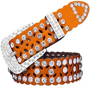 Men Women Rhinestone Belt Western Cowboy Cowgirl Leather Belts with Buckle Cow Skin Waist Strap Belt