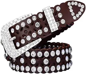 Men Women Rhinestone Belt Western Cowboy Cowgirl Leather Belts with Buckle Cow Skin Waist Strap Belt