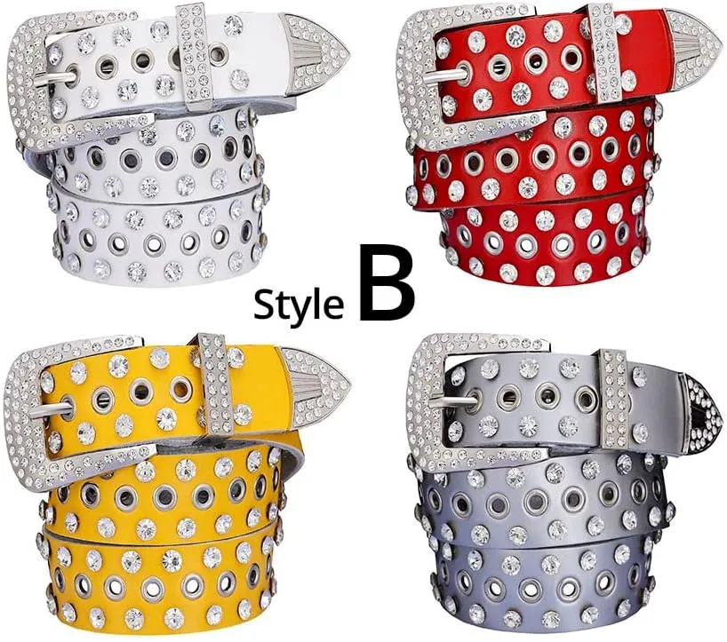 Men Women Rhinestone Belt Western Cowboy Cowgirl Leather Belts with Buckle Cow Skin Waist Strap Belt