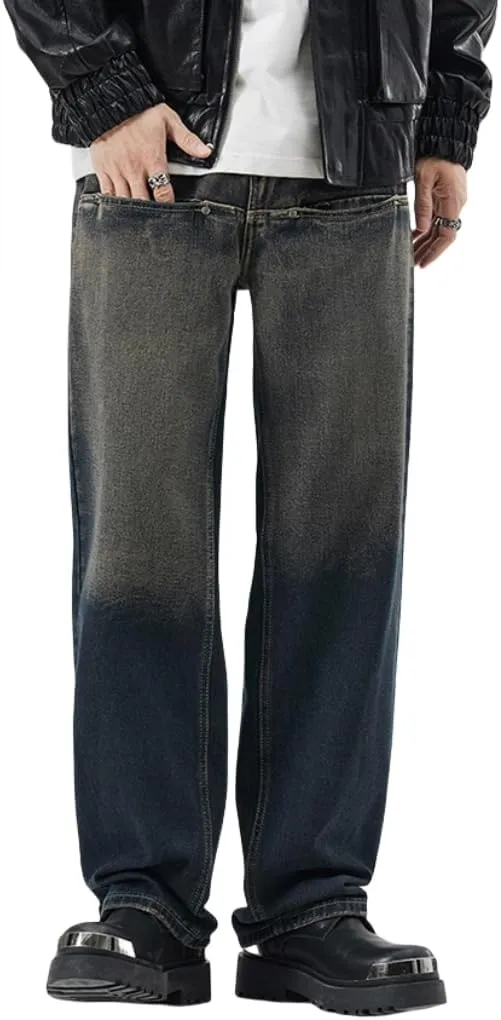 Mens Baggy Jeans Y2k Vintage Straight Fit Jeans Casual Wide Leg Loose Fit Denim Pants Relaxed Hip Hop Streetwear