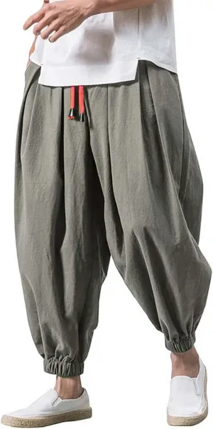 Men's Cotton Linen Harem Pants Loose Stretchy Waist Casual Hippie Trousers Lightweight Loose Beach Yoga Pants