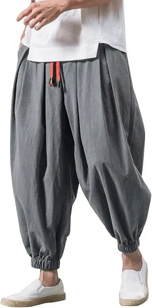 Men's Cotton Linen Harem Pants Loose Stretchy Waist Casual Hippie Trousers Lightweight Loose Beach Yoga Pants