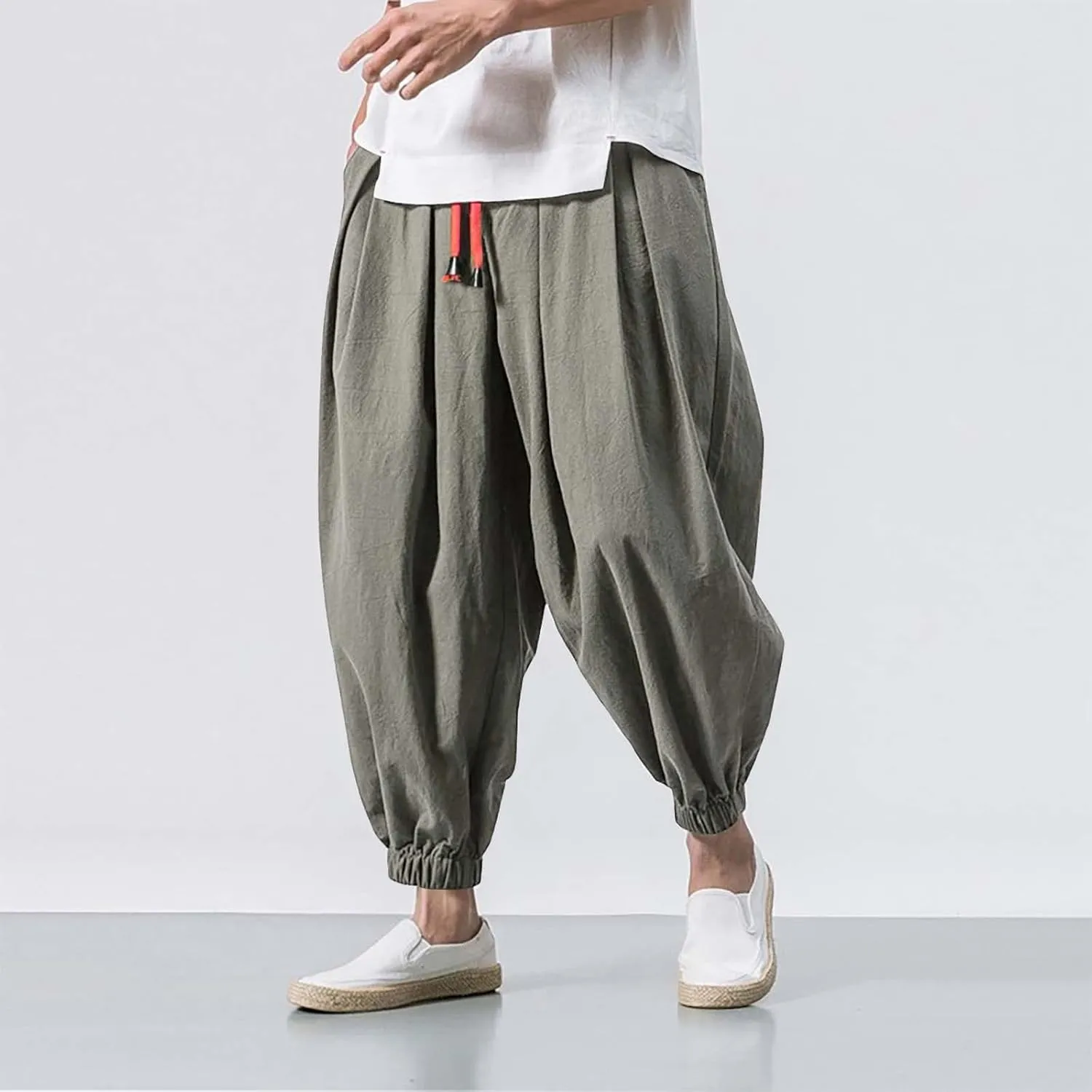 Men's Cotton Linen Harem Pants Loose Stretchy Waist Casual Hippie Trousers Lightweight Loose Beach Yoga Pants