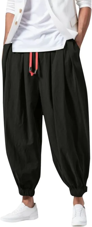 Men's Cotton Linen Harem Pants Loose Stretchy Waist Casual Hippie Trousers Lightweight Loose Beach Yoga Pants