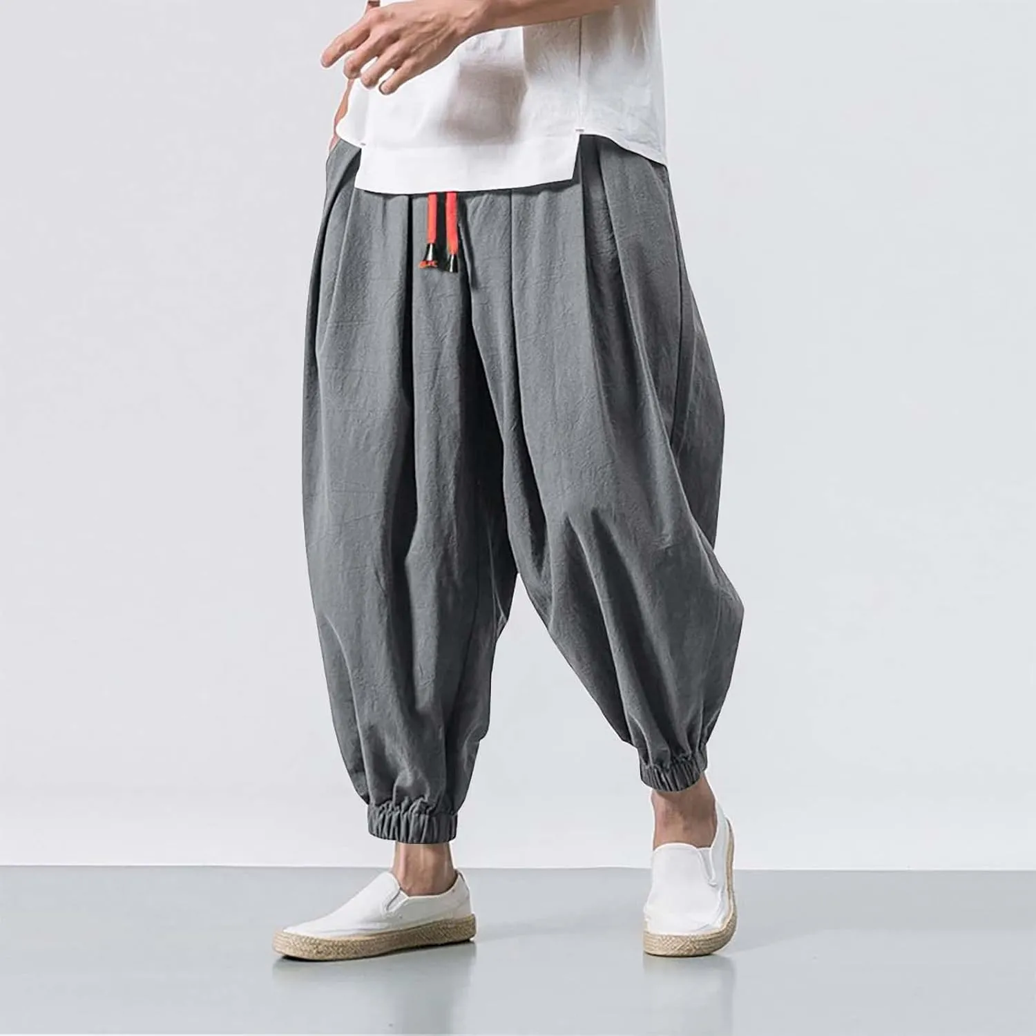 Men's Cotton Linen Harem Pants Loose Stretchy Waist Casual Hippie Trousers Lightweight Loose Beach Yoga Pants