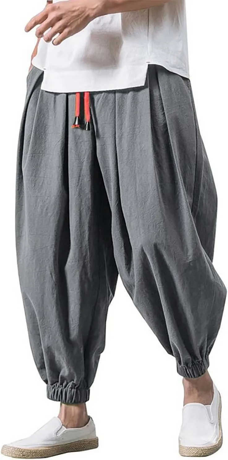 Men's Cotton Linen Harem Pants Loose Stretchy Waist Casual Hippie Trousers Lightweight Loose Beach Yoga Pants
