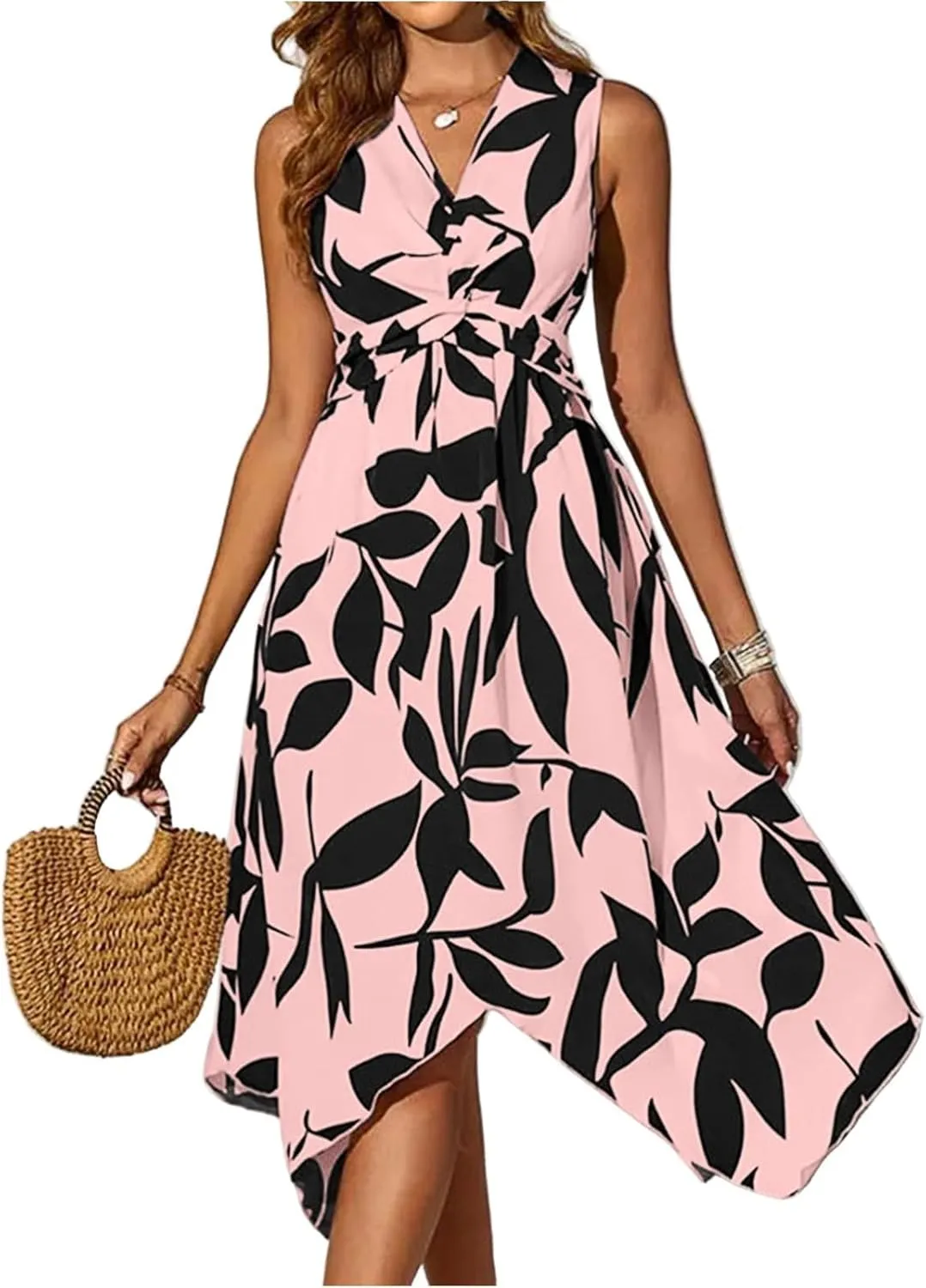 Midi Dresses for Women Summer Floral Sleeveless V Nevk Tie Wrap Dress Skin Friendly Irregular Casual Beach Sundress