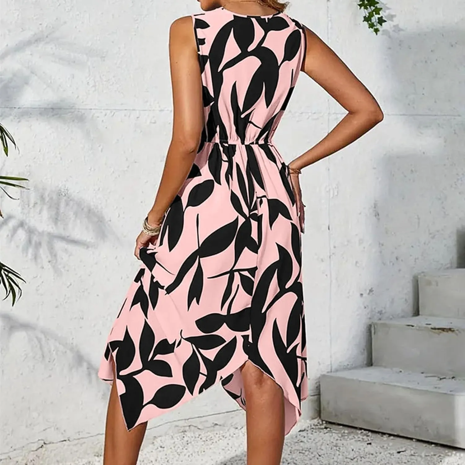 Midi Dresses for Women Summer Floral Sleeveless V Nevk Tie Wrap Dress Skin Friendly Irregular Casual Beach Sundress