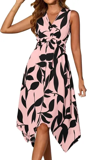 Midi Dresses for Women Summer Floral Sleeveless V Nevk Tie Wrap Dress Skin Friendly Irregular Casual Beach Sundress