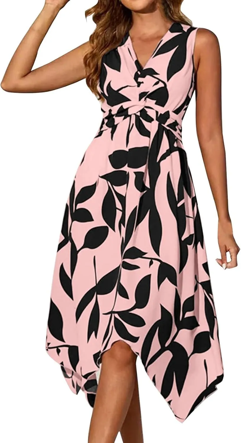 Midi Dresses for Women Summer Floral Sleeveless V Nevk Tie Wrap Dress Skin Friendly Irregular Casual Beach Sundress