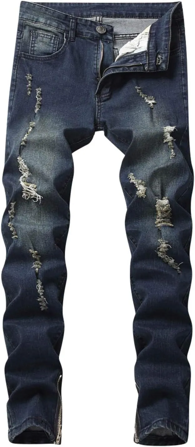 MIDOO Jeans for Men Straight Fit Baggy Ripped Distressed Jeans Tapered Leg Casual Long Denim Pants Trousers with Pocket