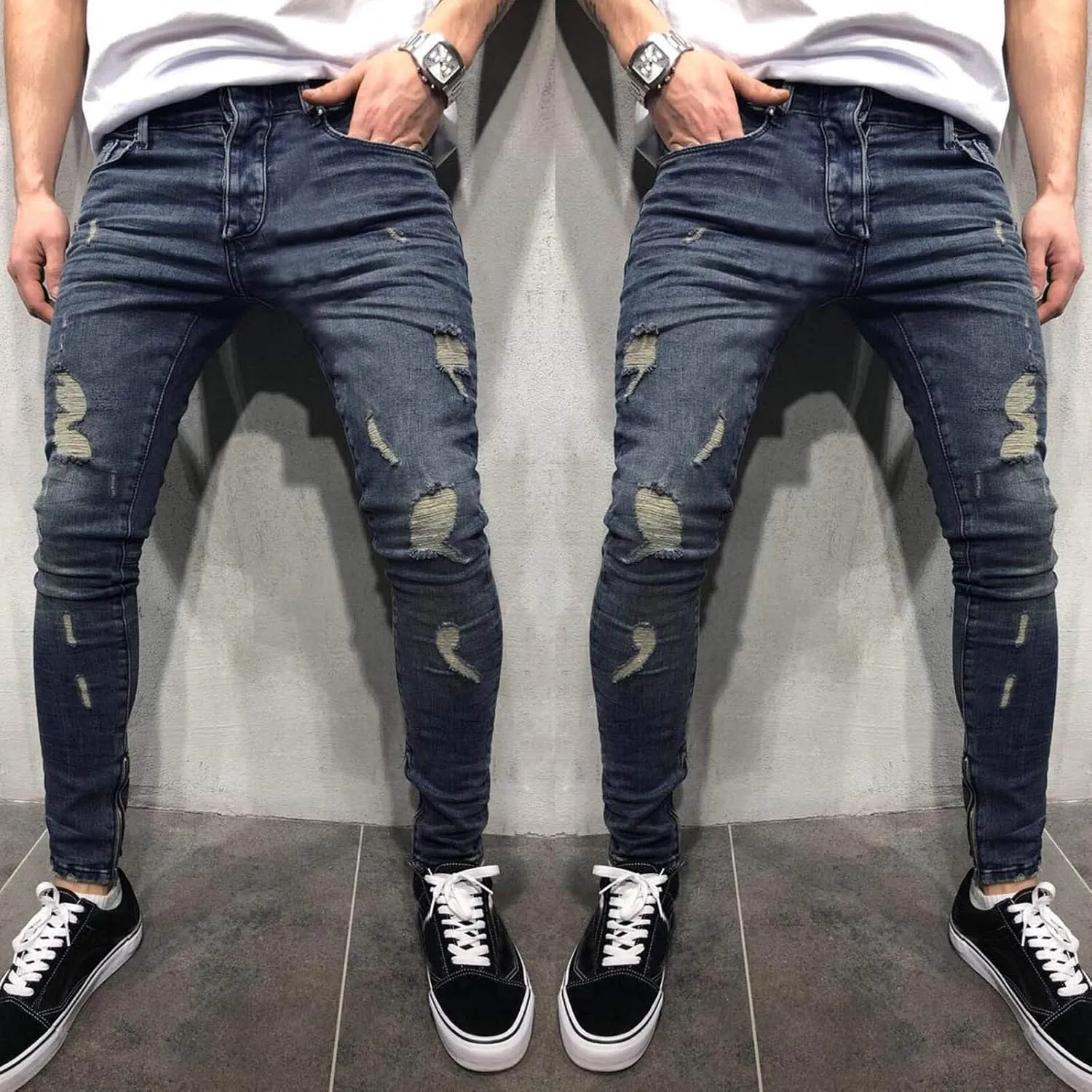 MIDOO Jeans for Men Straight Fit Baggy Ripped Distressed Jeans Tapered Leg Casual Long Denim Pants Trousers with Pocket