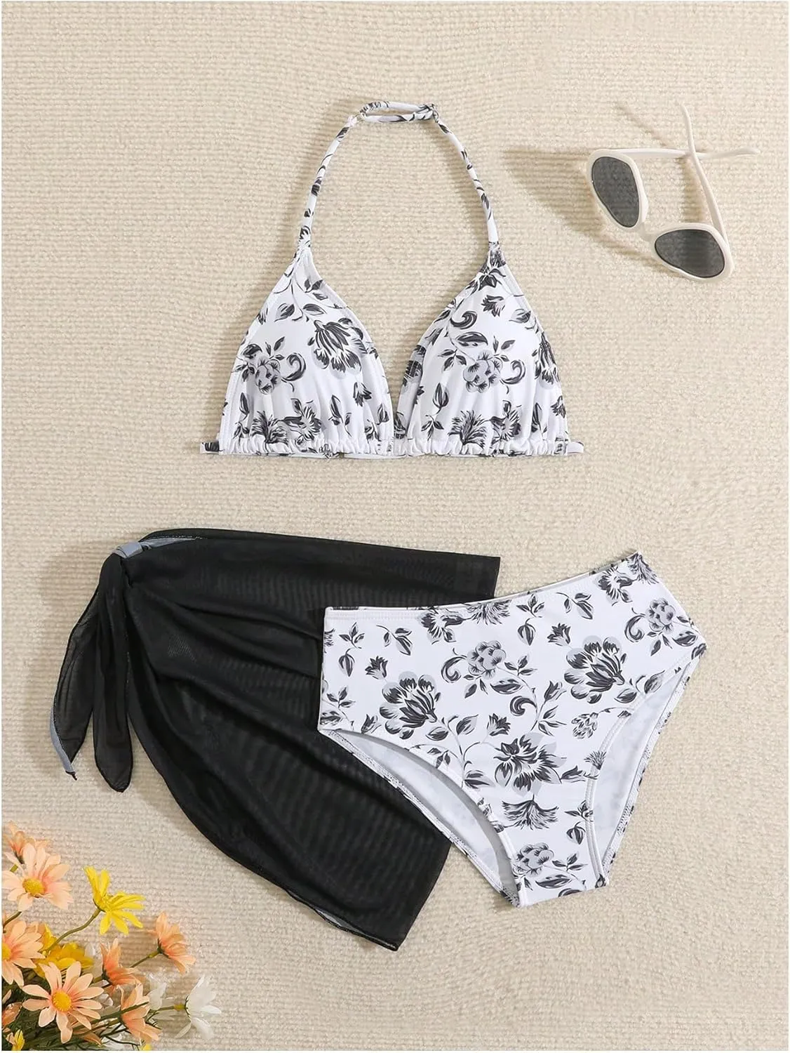 Milumia Girl's 3 Piece Bikni Set Ditsy Floral Halter Swimsuit with Cover Up Skirts