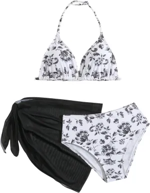 Milumia Girl's 3 Piece Bikni Set Ditsy Floral Halter Swimsuit with Cover Up Skirts
