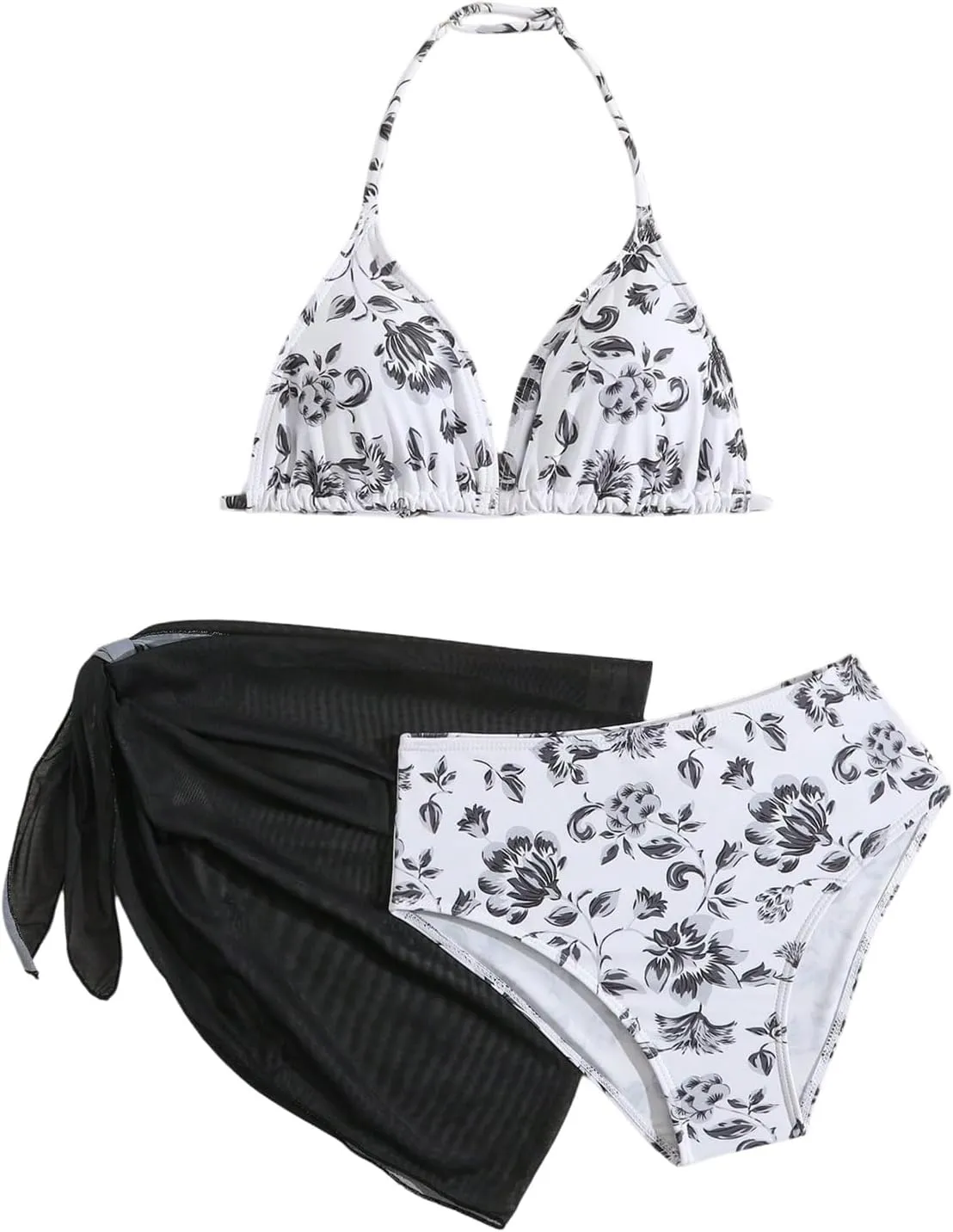 Milumia Girl's 3 Piece Bikni Set Ditsy Floral Halter Swimsuit with Cover Up Skirts