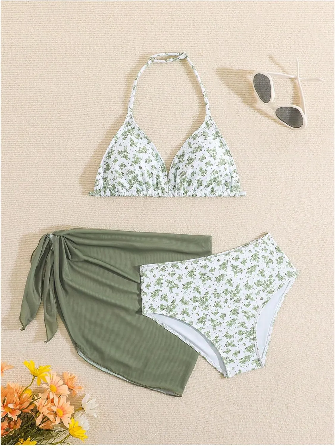 Milumia Girl's 3 Piece Bikni Set Ditsy Floral Halter Swimsuit with Cover Up Skirts