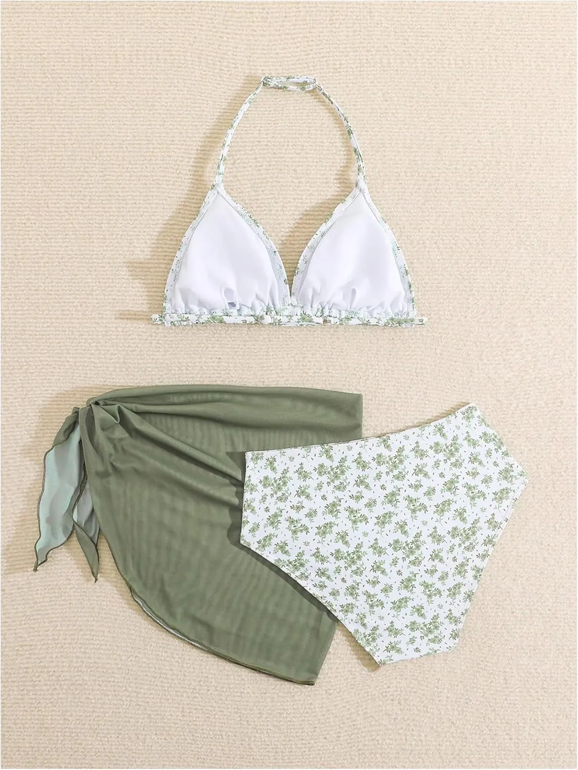 Milumia Girl's 3 Piece Bikni Set Ditsy Floral Halter Swimsuit with Cover Up Skirts