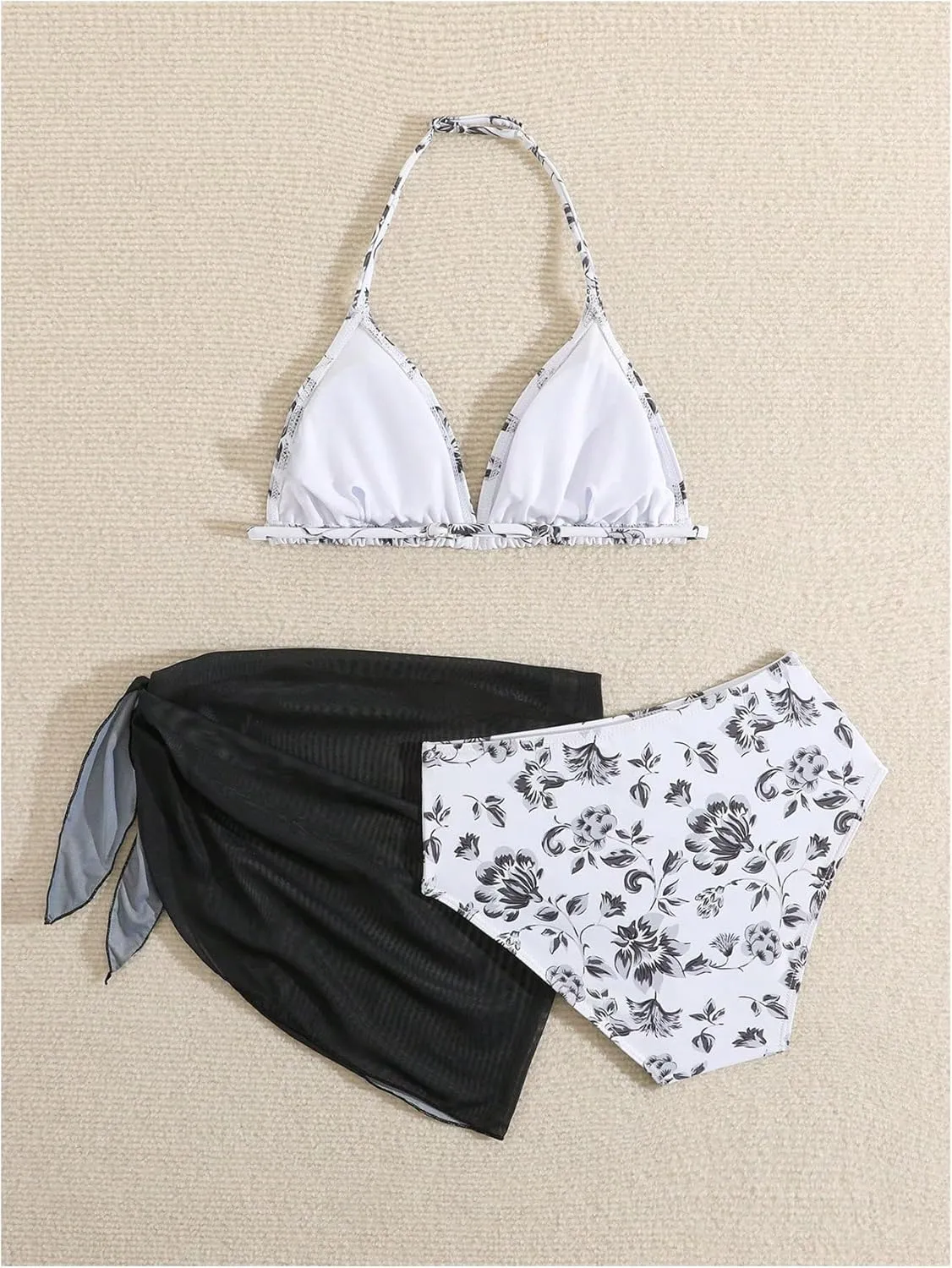 Milumia Girl's 3 Piece Bikni Set Ditsy Floral Halter Swimsuit with Cover Up Skirts