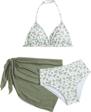 Milumia Girl's 3 Piece Bikni Set Ditsy Floral Halter Swimsuit with Cover Up Skirts