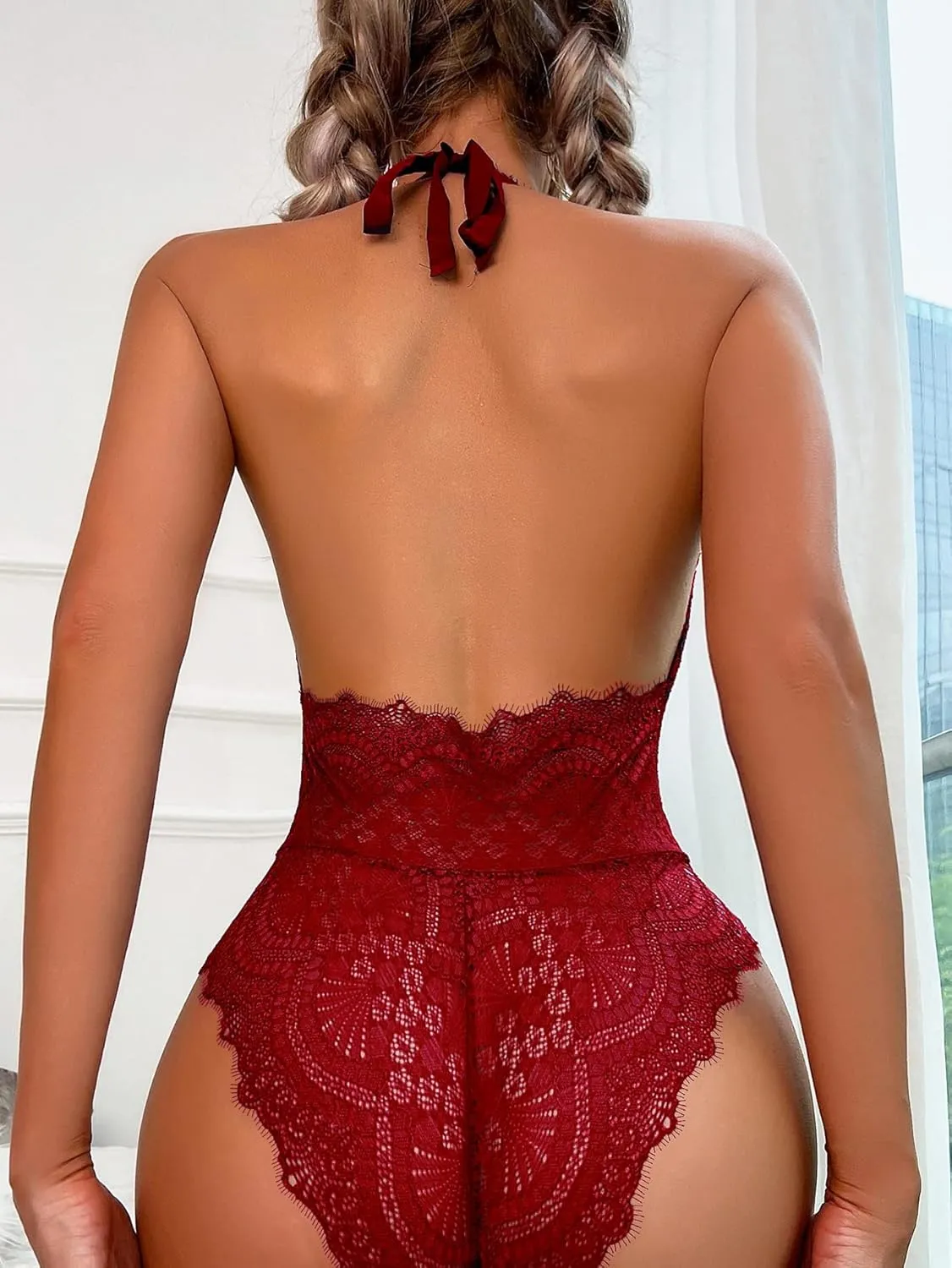 Milumia Women's Sexy Lingerie Deep V Neck Sleeveless Lace Bodysuit Backless Halter Teddy Lingerie
