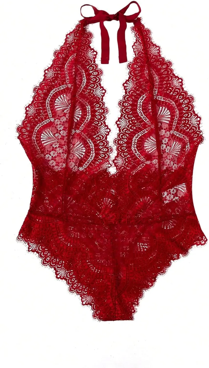 Milumia Women's Sexy Lingerie Deep V Neck Sleeveless Lace Bodysuit Backless Halter Teddy Lingerie