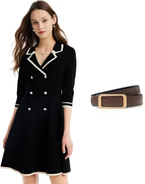 Mini Sweater Dress for Women Teacher Work Business with Fashion Reversible Leather Belt