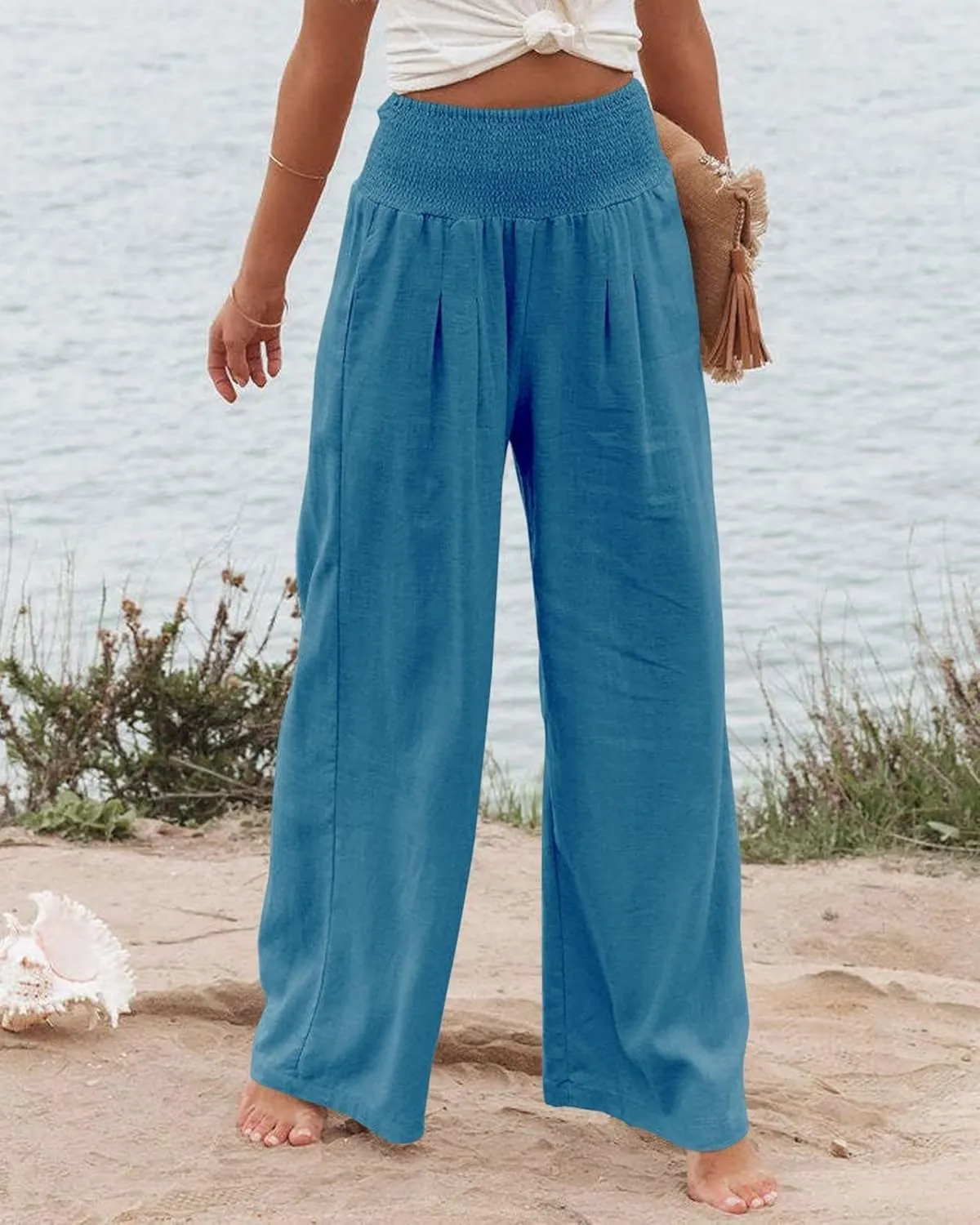 Mmoneyake Women Wide Leg Pants Casual Summer High Waisted Cotton Linen Palazzo Pants Long Lounge Pant Pajama Trousers Women