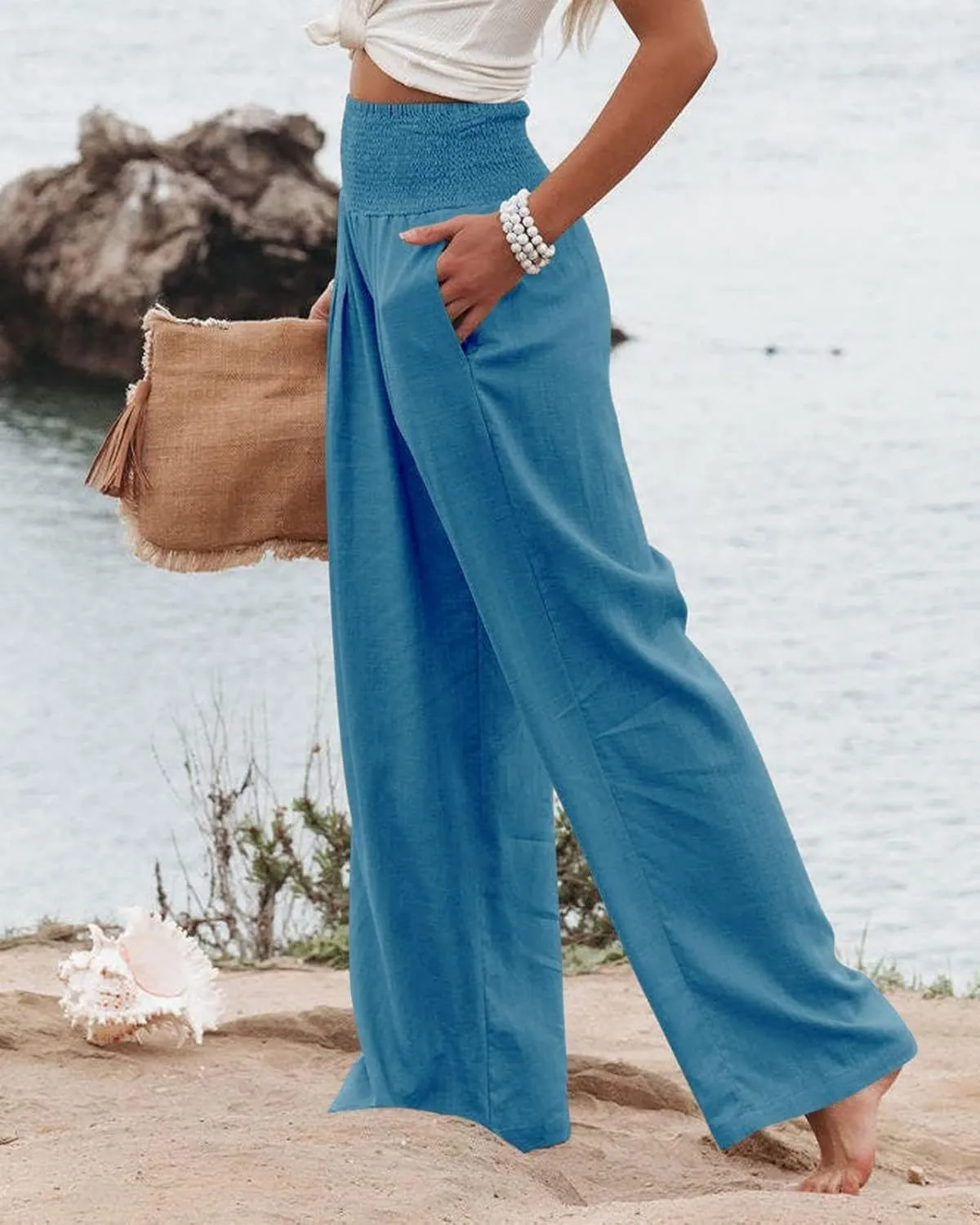 Mmoneyake Women Wide Leg Pants Casual Summer High Waisted Cotton Linen Palazzo Pants Long Lounge Pant Pajama Trousers Women