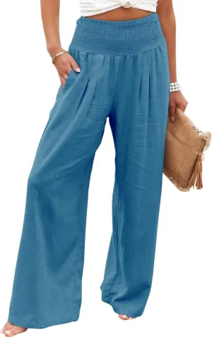 Mmoneyake Women Wide Leg Pants Casual Summer High Waisted Cotton Linen Palazzo Pants Long Lounge Pant Pajama Trousers Women