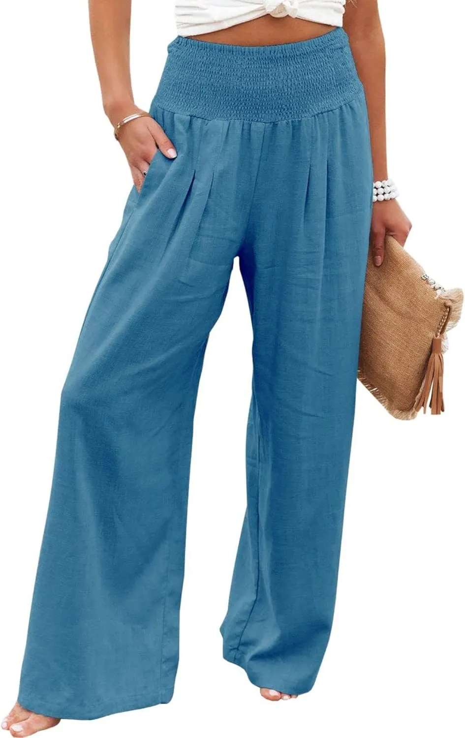 Mmoneyake Women Wide Leg Pants Casual Summer High Waisted Cotton Linen Palazzo Pants Long Lounge Pant Pajama Trousers Women