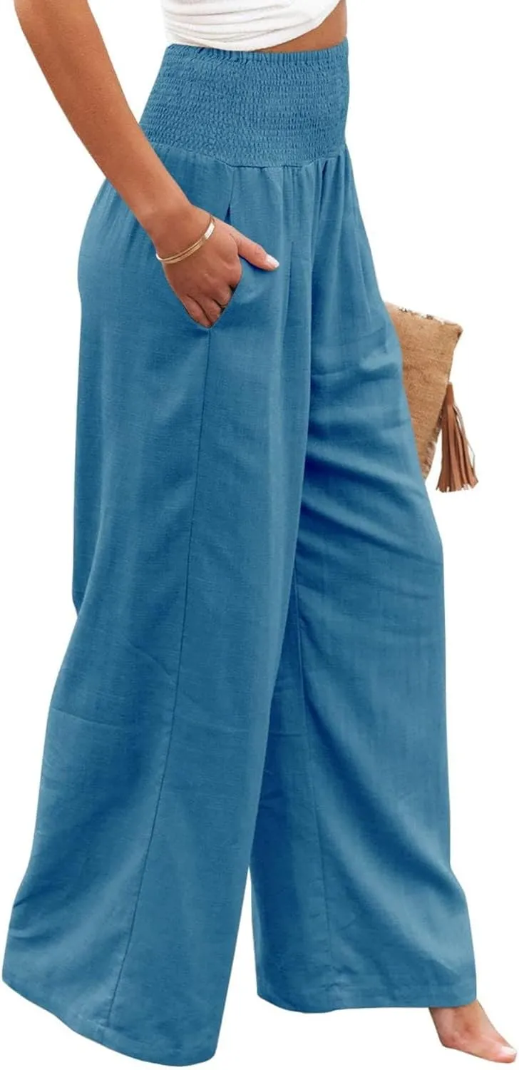 Mmoneyake Women Wide Leg Pants Casual Summer High Waisted Cotton Linen Palazzo Pants Long Lounge Pant Pajama Trousers Women
