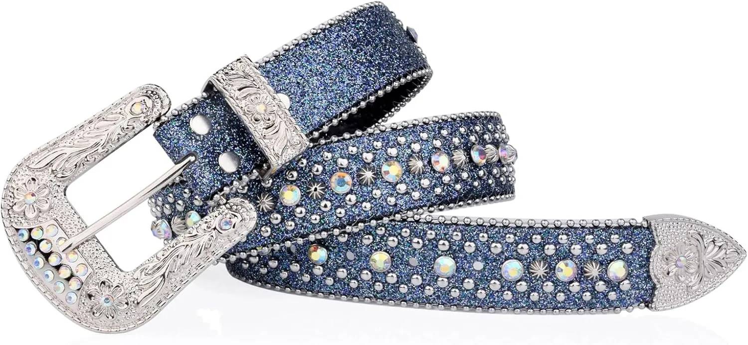 Mnjyihy Rhinestone Belt For Men Women Vintage Western Cowboy Bling Studded Leather Belt For Jeans Pants