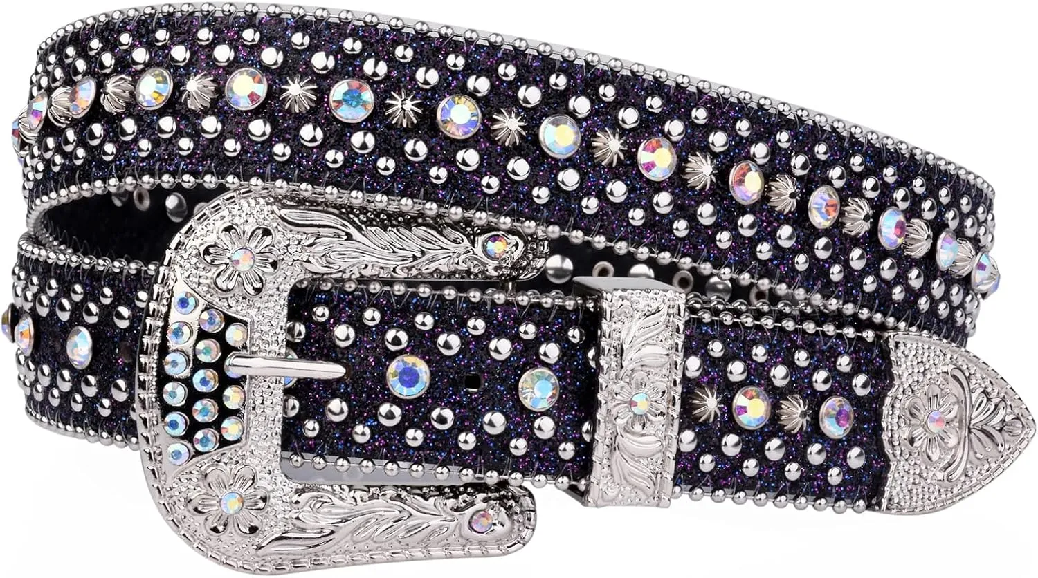 Mnjyihy Rhinestone Belt For Men Women Vintage Western Cowboy Bling Studded Leather Belt For Jeans Pants
