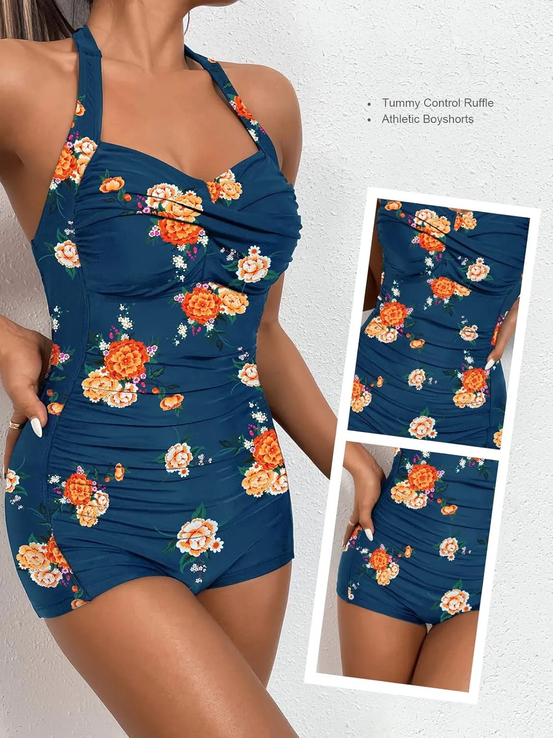 MOLYBELL Womens Boyleg Ruched Swimsuit One Piece Bathing Suit Tummy Control